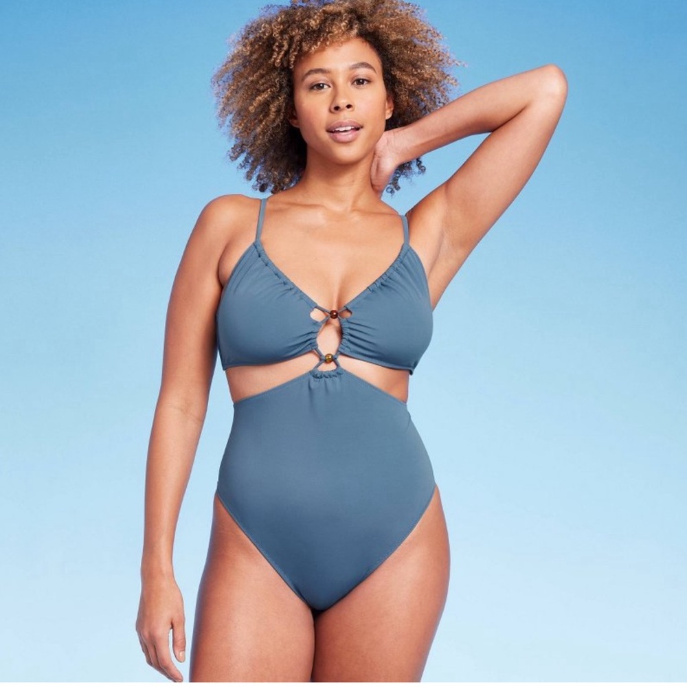 Shade & Shore Cut Out Bead Detail One Piece Swimsuit Blue Women’s XL NWT